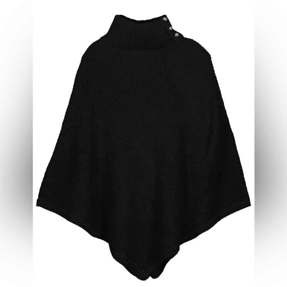 MICHAEL KORS Turtleneck Shaker Stitch Poncho Sweater Ribbed Neck Buttons Black